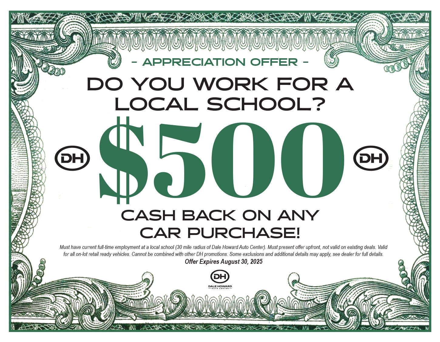 Do you work for a local school ? get $500 Cash back on any car purchase